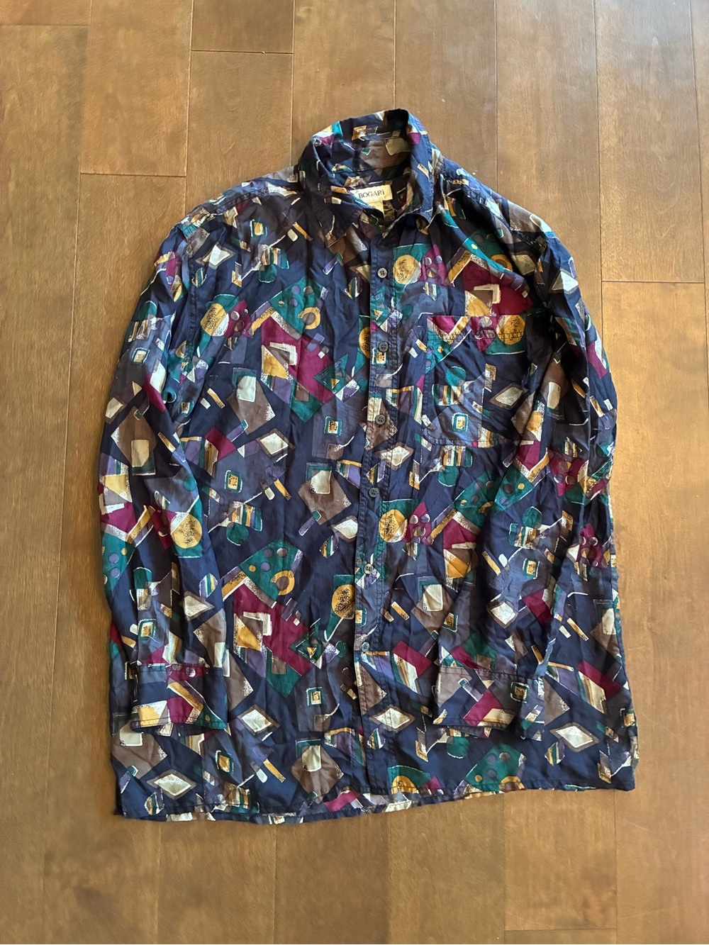 80s 90s Vintage Style Geometric Print Button-Up Shirt in Navy, Teal, Burgundy